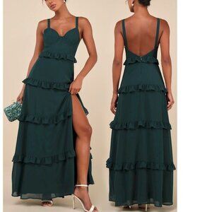 Lulus Sincerely Poised Emerald Green Backless Bustier Tiered Maxi Dress XS New
